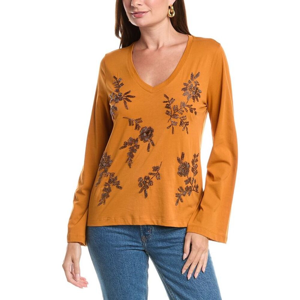 Johnny Was Womens Kimono Sleeve Beaded T-Shirt, Orange
